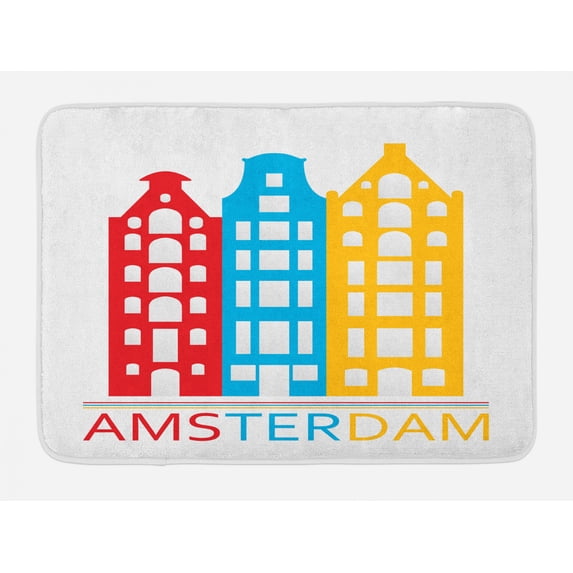Amsterdam Bath Mat, Amsterdam Wording with Long Symbolic Building, Plush Bathroom Decor Mat with Non Slip Backing, 29.5" X 17.5", White Multicolor, by Ambesonne