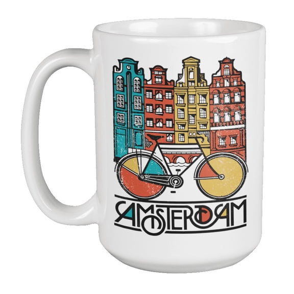 Amsterdam Bike Distressed Retro Style Graphic Art Of Bike & City Coffee & Tea Mug Or Souvenir For Cyclist, Bicyclist, Biker, European, Netherlands Travelers & Men & Women Who Travel Europe (15oz)
