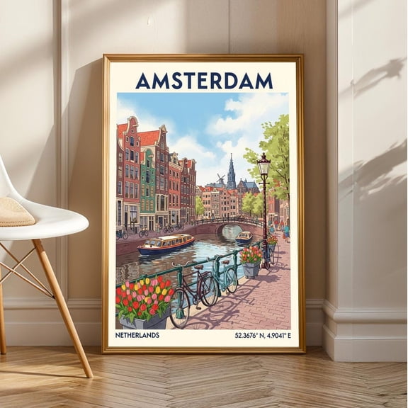 Amsterdam Canal Art Print: Colorful Dutch Cityscape Travel Poster, Stretched Canvas Size 16x24