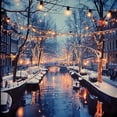 Amsterdam Canal Snow Covered Trees Lights Romantic Shower Curtain