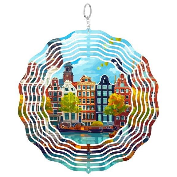 Amsterdam Canals Architecture 3D Wind Spinner Metal Laser Cut Ornament Garden Decor Gift For Dutch Lover