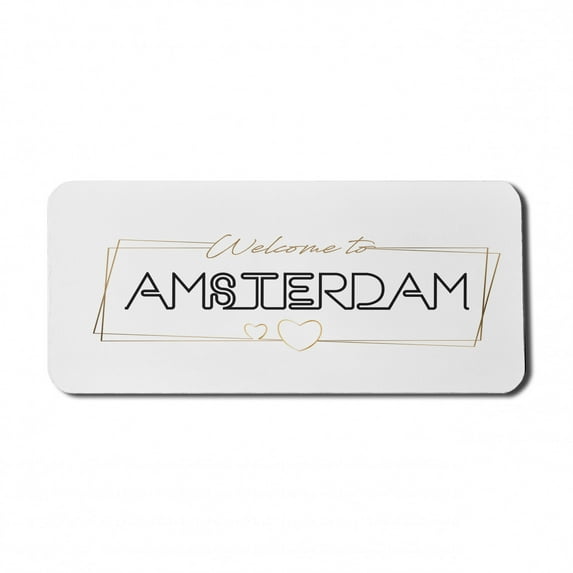 Amsterdam Computer Mouse Pad, Welcoming Cursive Typography and Hearts on a Plain Background, Rectangle Non-Slip Rubber Mousepad X-Large, 35" x 15" Gaming Size, White Charcoal Grey, by Ambesonne
