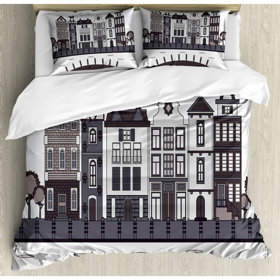 Amsterdam Duvet Cover Set, Geometric and Interpretation of City View, Decorative 3 Piece Bedding Set with 2 Pillow Shams, King Size, Taupe Grey Eggshell, by Ambesonne