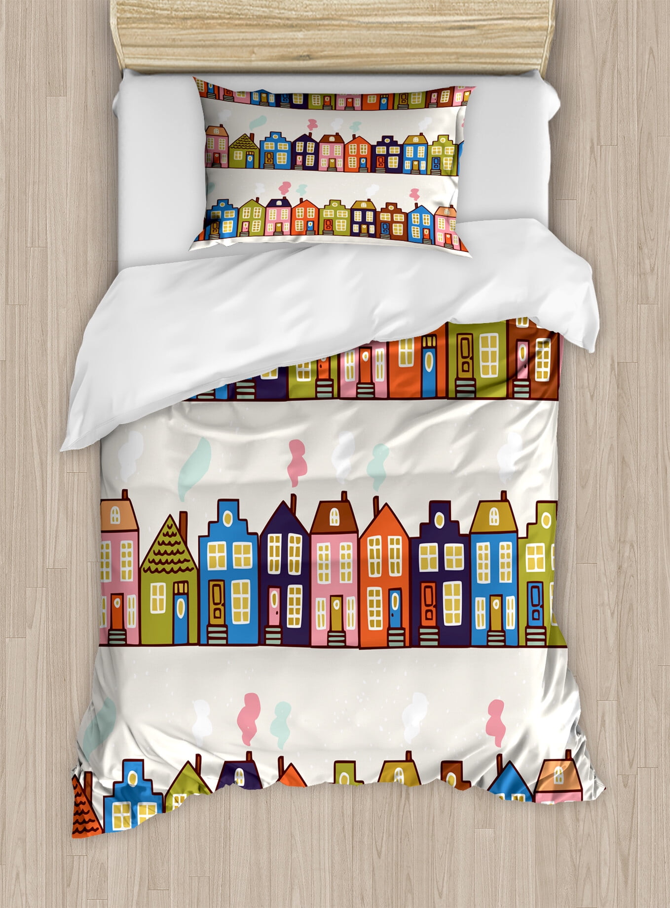 Amsterdam Duvet Cover Set, Horizontally Arranged Funky Houses on