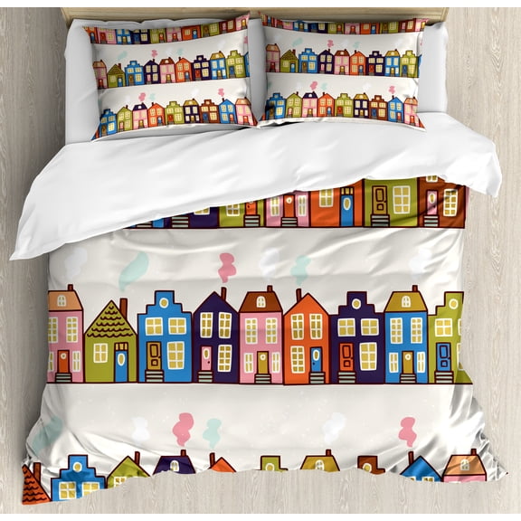 Amsterdam Duvet Cover Set, Horizontally Arranged Funky Houses on Streets in Netherlands, Decorative 3 Piece Bedding Set with 2 Pillow Shams, Queen Size, Pale Eggshell Multicolor, by Ambesonne