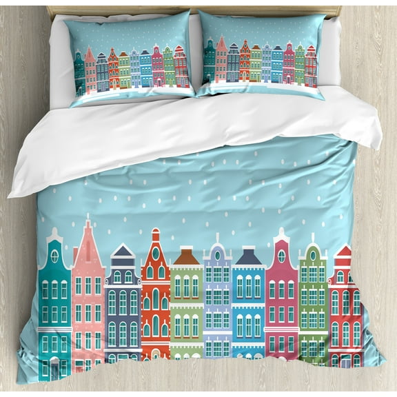 Amsterdam Duvet Cover Set, Illustration of Snowy Town Panoramic Landscape in Holland, Decorative 3 Piece Bedding Set with 2 Pillow Shams, Queen Size, Pale Blue and Multicolor, by Ambesonne