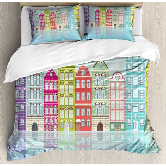 Amsterdam Duvet Cover Set King Size, Horizontally Arranged Architecture Urban Houses Colorful European Structures, Decorative 3 Piece Bedding Set with 2 Pillow Shams, Multicolor, by Ambesonne