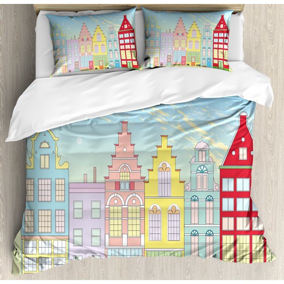 Amsterdam Duvet Cover Set, Print of Vibrant Houses in Holland Illustrated in Cartoon Style, Decorative 3 Piece Bedding Set with 2 Pillow Shams, Queen Size, Deep Sky Blue Multicolor, by Ambesonne