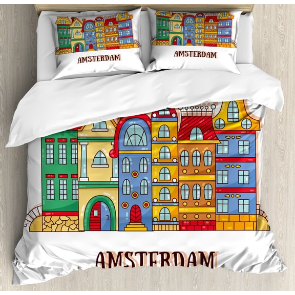 Amsterdam Duvet Cover Set Queen Size, Colorful Calligraphic Design with Street Houses European Culture, Decorative 3 Piece Bedding Set with 2 Pillow Shams, Earth Yellow and Multicolor, by Ambesonne