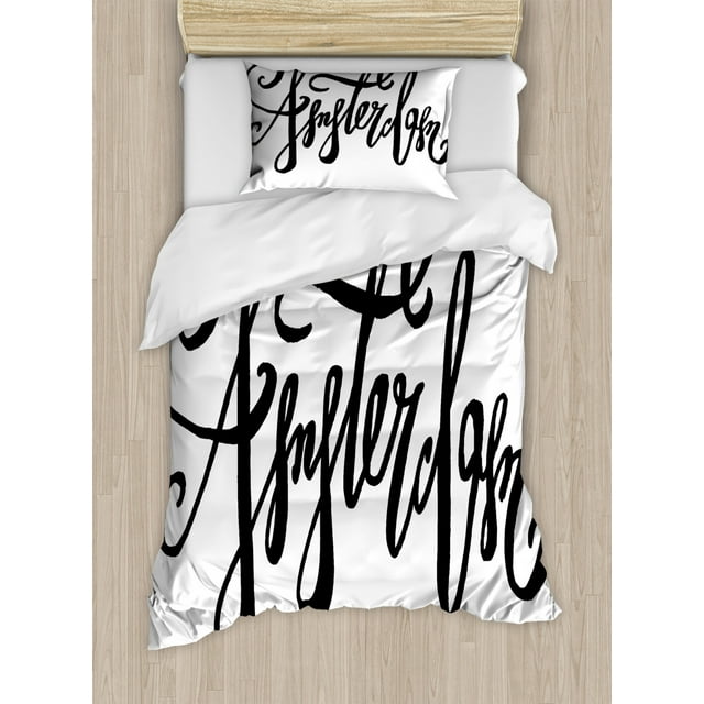 Amsterdam Duvet Cover Set Twin Size, Cursive and Modern Typography Drawn by Hand on a Plain Background, Decorative 2 Piece Bedding Set with 1 Pillow Sham, Charcoal Grey and White, by Ambesonne