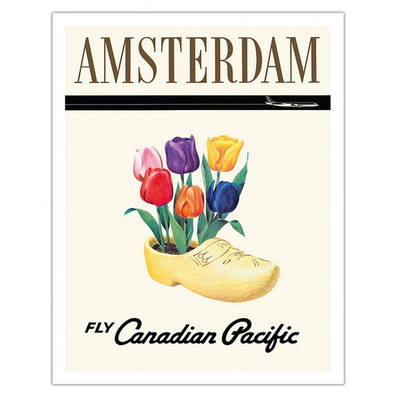 Amsterdam Holland - Dutch Tulips in a Wooden Clog - Fly Canadian Pacific Air Lines - Vintage Airline Travel Poster - Fine Art Matte Paper Print (Unframed) 11x14in