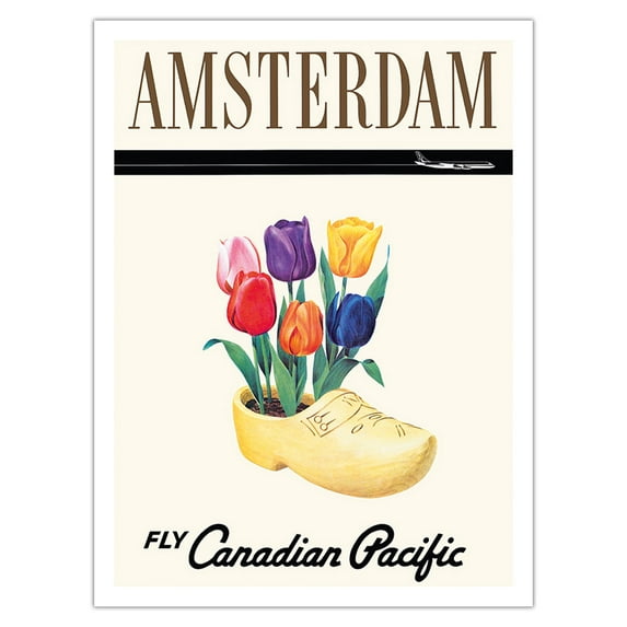 Amsterdam Holland - Dutch Tulips in a Wooden Clog - Fly Canadian Pacific Air Lines - Vintage Airline Travel Poster - Fine Art Matte Paper Print (Unframed) 24x32in