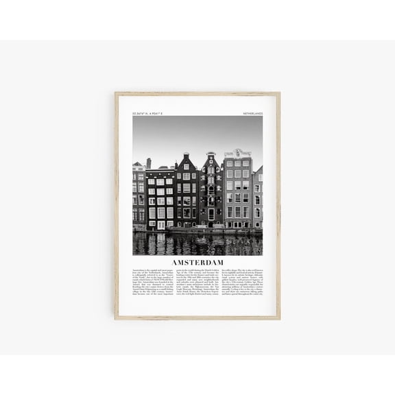 Amsterdam Holland Travel Poster Black and White City Wall Art Coordinate Decor, Unframed Paper Poster 8x10in