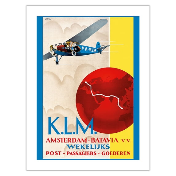 Amsterdam to Jakarta (Batavia) - Dutch East Indies - KLM (Royal Dutch Airlines) - Vintage Airline Travel Poster by Emmanuel Gaillard c.1930s - Bamboo Fine Art 290gsm Paper (Unframed) 12x16in