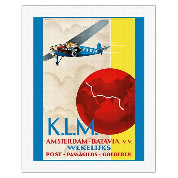 Amsterdam to Jakarta (Batavia) - Dutch East Indies - KLM (Royal Dutch Airlines) - Vintage Airline Travel Poster by Emmanuel Gaillard c.1930s - Fine Art Rolled Canvas Print 20in x 26in