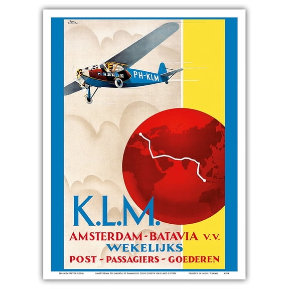 Amsterdam to Jakarta (Batavia) - Dutch East Indies - KLM (Royal Dutch Airlines) - Vintage Airline Travel Poster by Emmanuel Gaillard c.1930s - Master Art Print (Unframed) 9in x 12in