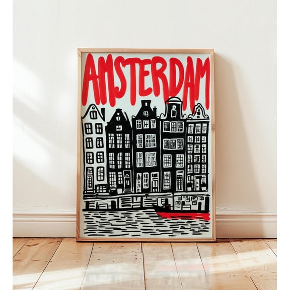Amsterdam Modern Pop Art City Red Typography Dutch Canal, Unframed Paper Poster 8x10in
