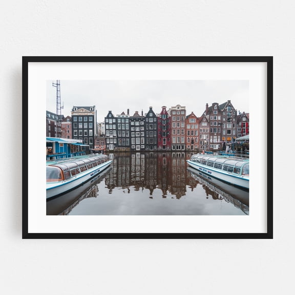 Amsterdam Motif I - Amsterdam North Holland Netherlands Photography Cityscape Architecture Boat Travel Poster Harbor Vintage Black Framed Wall Art Print 5 x 7 inches