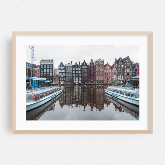 Amsterdam Motif I - Amsterdam North Holland Netherlands Photography Cityscape Architecture Boat Travel Poster Harbor Vintage Oak Framed Wall Art Print 5 x 7 inches