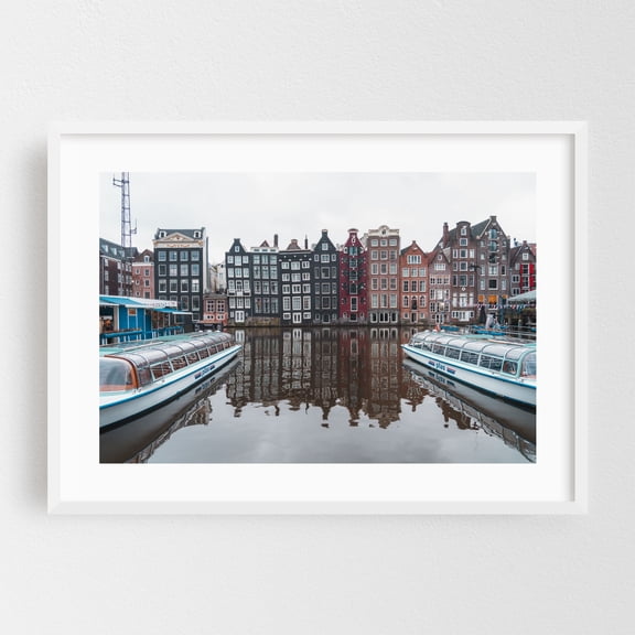 Amsterdam Motif I - Amsterdam North Holland Netherlands Photography Cityscape Architecture Boat Travel Poster Harbor Vintage White Framed Wall Art Print 5 x 7 inches