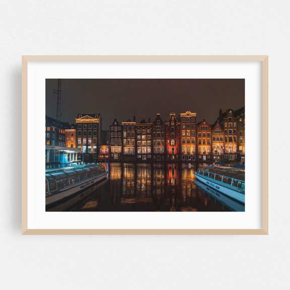 Amsterdam Motif II - Amsterdam North Holland Netherlands Photography Cityscape Nightlife Architecture Boat Harbor Travel Poster Oak Framed Wall Art Print 5 x 7 inches