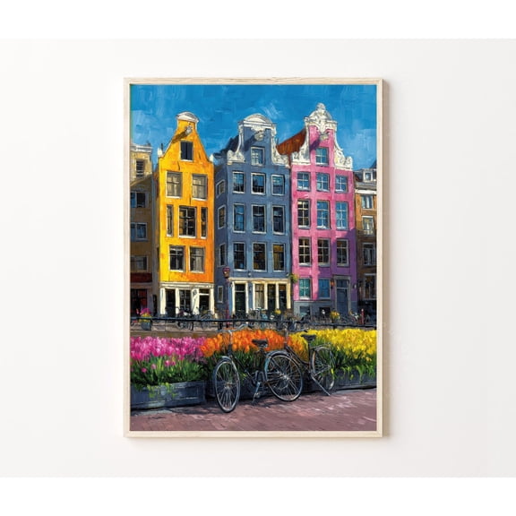 Amsterdam Netherlands Colorful Canal Houses and Bikes Wall Art, Unframed Paper Poster 8x10in