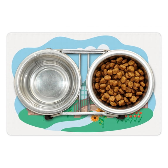 Amsterdam Pet Mat for Food and Water, Dutch Demonstration of Rural Area Landscape Windmill River Houses Hot Air Balloon, Non-Slip Rubber Mat for Dogs and Cats, 18" X 12", by Ambesonne