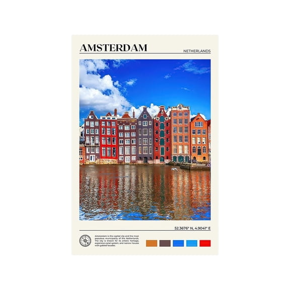 Amsterdam Poster Classic Urban Landmark Poster Wall Art Poster Decorative Cityscape Landscape Art Prints, Home Decor Wall Art Print For Bedroom Living Room Kitchen Decorations