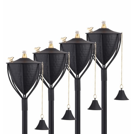 Amsterdam Set of 4, Premium Metal Outdoor Torches for Patio, Lawn and Garden - Tiki Style Metal Torch /w Snuffer, Fiberglass Wick & Large 32oz Oil Lamp - 54" Tall (Hammered Black)
