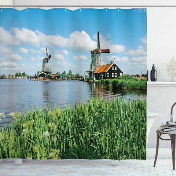 Amsterdam Shower Curtain, Daytime View of Zaanse Schans Windmills Netherlands Landscape of Greenery, Fabric Bathroom Set with Hooks, 69W X 75L Inches Long, Multicolor, by Ambesonne