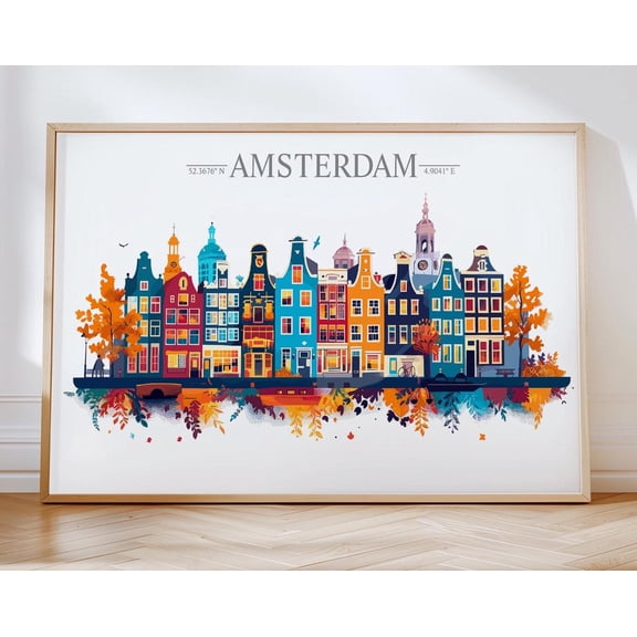 Amsterdam Skyline Travel Poster Wall Art Landscape, Travel Print of Amsterdam, Amsterdam Art Lovers Gift, Netherlands Art Gift, 12x18 UNFRAMED