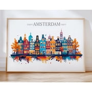 Amsterdam Skyline Travel Poster Wall Art Landscape, Travel Print of Amsterdam, Amsterdam Art Lovers Gift, Netherlands Art Gift, 16x24 UNFRAMED