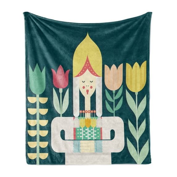 Amsterdam Soft Flannel Fleece Blanket, Dutch Girl in Traditional Clothes Symbolizing Holland with Flowers, Cozy Plush for Indoor and Outdoor Use, 50" x 60", Dark Teal and Multicolor, by Ambesonne