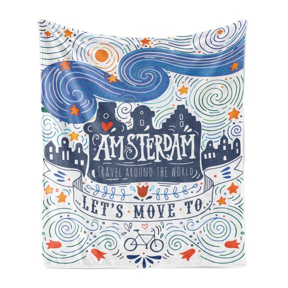 Amsterdam Soft Flannel Fleece Blanket, Hand-drawn Style Illustration with Canal Houses Swirls Stars and a Travel Words, Cozy Plush for Indoor and Outdoor Use, 50" x 70", Multicolor, by Ambesonne