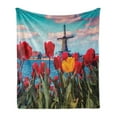 thumbnail image 1 of Amsterdam Soft Flannel Fleece Blanket, Idyllic Spring Morning Photo with Dutch Tulips Canal and Windmill in Netherlands, Cozy Plush for Indoor and Outdoor Use, 50" x 70", Multicolor, by Ambesonne, 1 of 5