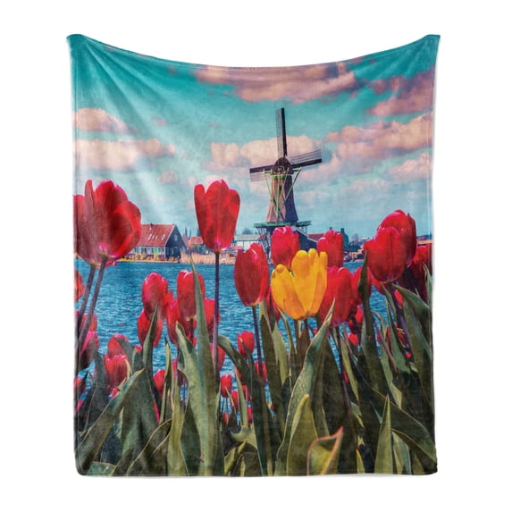 Amsterdam Soft Flannel Fleece Blanket, Idyllic Spring Morning Photo with Dutch Tulips Canal and Windmill in Netherlands, Cozy Plush for Indoor and Outdoor Use, 50" x 70", Multicolor, by Ambesonne