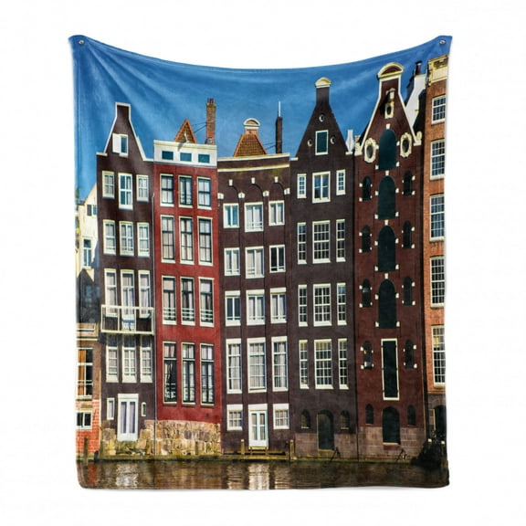 Amsterdam Soft Flannel Fleece Blanket, Medieval Buildings in the Netherlands Traditional Architecture Photo of the City, Cozy Plush for Indoor and Outdoor Use, 50" x 70", Multicolor, by Ambesonne