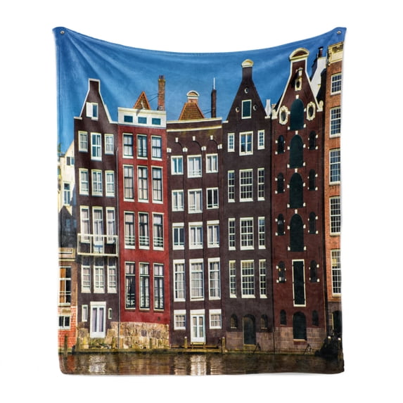 Amsterdam Soft Flannel Fleece Blanket, Medieval Buildings in the Netherlands Traditional Architecture Photo of the City, Cozy Plush for Indoor and Outdoor Use, 70" x 90", Multicolor, by Ambesonne