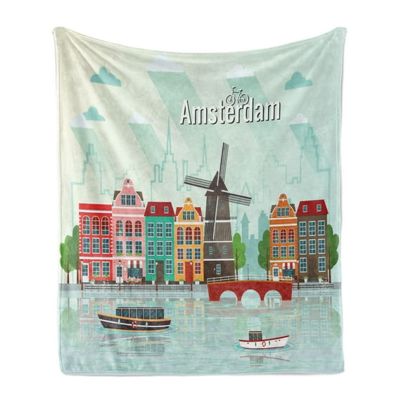 Amsterdam Soft Flannel Fleece Blanket, Old European Cityscape with Colorful Houses on the Waterside Bridge and Windmill, Cozy Plush for Indoor and Outdoor Use, 50" x 70", Multicolor, by Ambesonne