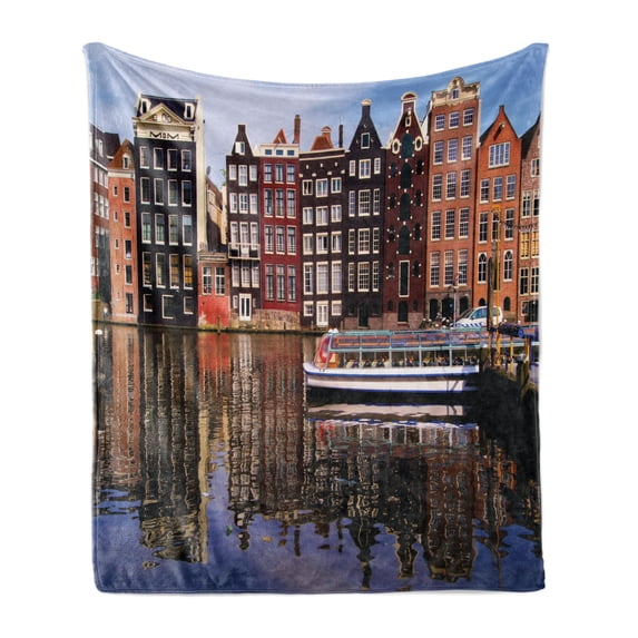 Amsterdam Soft Flannel Fleece Blanket, Traditional Antique Houses with Reflections in the Canal Sightseeing Travel Theme, Cozy Plush for Indoor and Outdoor Use, 50" x 70", Multicolor, by Ambesonne