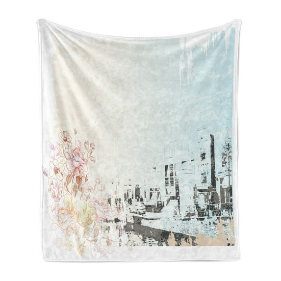 Amsterdam Soft Flannel Fleece Blanket, Vintage Style Watercolor Artwork of a Street with Antique Buildings and Flowers, Cozy Plush for Indoor and Outdoor Use, 50" x 60", Multicolor, by Ambesonne