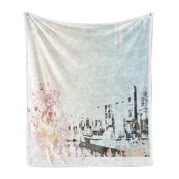 Amsterdam Soft Flannel Fleece Blanket, Vintage Style Watercolor Artwork of a Street with Antique Buildings and Flowers, Cozy Plush for Indoor and Outdoor Use, 70" x 90", Multicolor, by Ambesonne