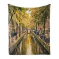 thumbnail image 1 of Amsterdam Soft Flannel Fleece Throw Blanket, Bridge over Canal in the Capital of Holland with Trees Cars Bikes, Cozy Plush for Indoor and Outdoor Use, 70" x 90", Olive Green Multicolor, by Ambesonne, 1 of 5