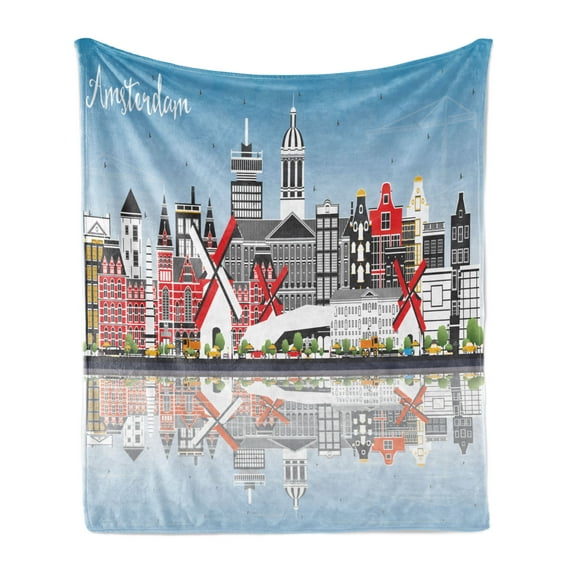 Amsterdam Soft Flannel Fleece Throw Blanket, Composition of Calligraphy with the City Skyline and Reflection on Water, Cozy Plush for Indoor and Outdoor Use, 50" x 60", Multicolor, by Ambesonne