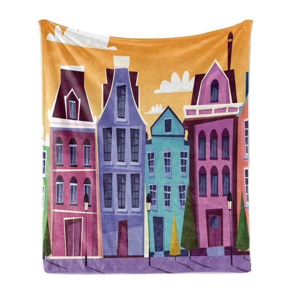 Amsterdam Soft Flannel Fleece Throw Blanket, Digitally Generated Cityscape with Street and Dutch Residences, Cozy Plush for Indoor and Outdoor Use, 60" x 80", Pale Orange Multicolor, by Ambesonne