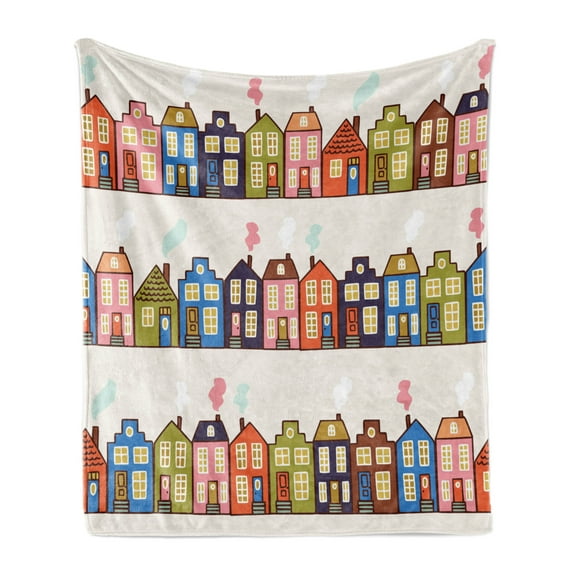 Amsterdam Soft Flannel Fleece Throw Blanket, Horizontally Arranged Funky Houses on Streets in Netherlands, Cozy Plush for Indoor and Outdoor Use, 70" x 90", Pale Eggshell Multicolor, by Ambesonne