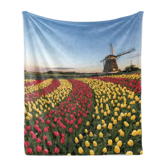 Amsterdam Soft Flannel Fleece Throw Blanket, Landscape Scene of Blossoming Tulips and a Windmill During Spring Season, Cozy Plush for Indoor and Outdoor Use, 60" x 80", Multicolor, by Ambesonne