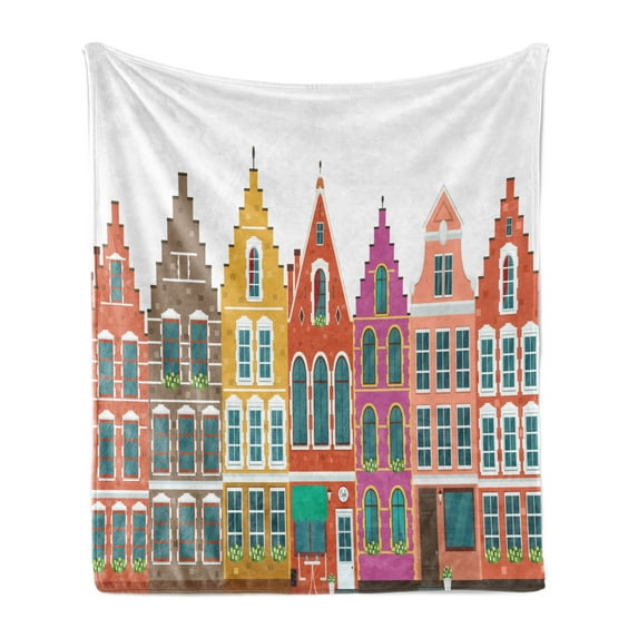 Amsterdam Soft Flannel Fleece Throw Blanket, Print of European Colorful Houses Iconic Urban Elements, Cozy Plush for Indoor and Outdoor Use, 50" x 60", Burnt Orange Multicolor, by Ambesonne