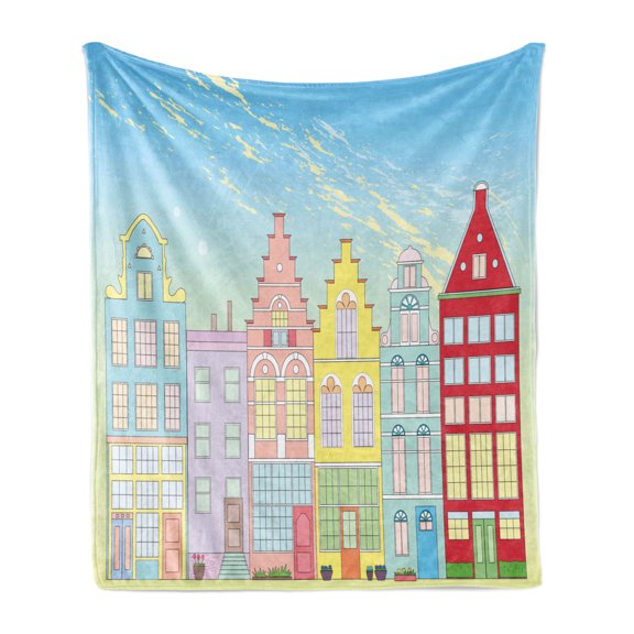 Amsterdam Soft Flannel Fleece Throw Blanket, Print of Vibrant Houses in Holland Illustrated in Cartoon Style, Cozy Plush for Indoor and Outdoor Use, 50" x 60", Deep Sky Blue Multicolor, by Ambesonne