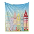 thumbnail image 1 of Amsterdam Soft Flannel Fleece Throw Blanket, Print of Vibrant Houses in Holland Illustrated in Cartoon Style, Cozy Plush for Indoor and Outdoor Use, 50" x 70", Deep Sky Blue Multicolor, by Ambesonne, 1 of 5